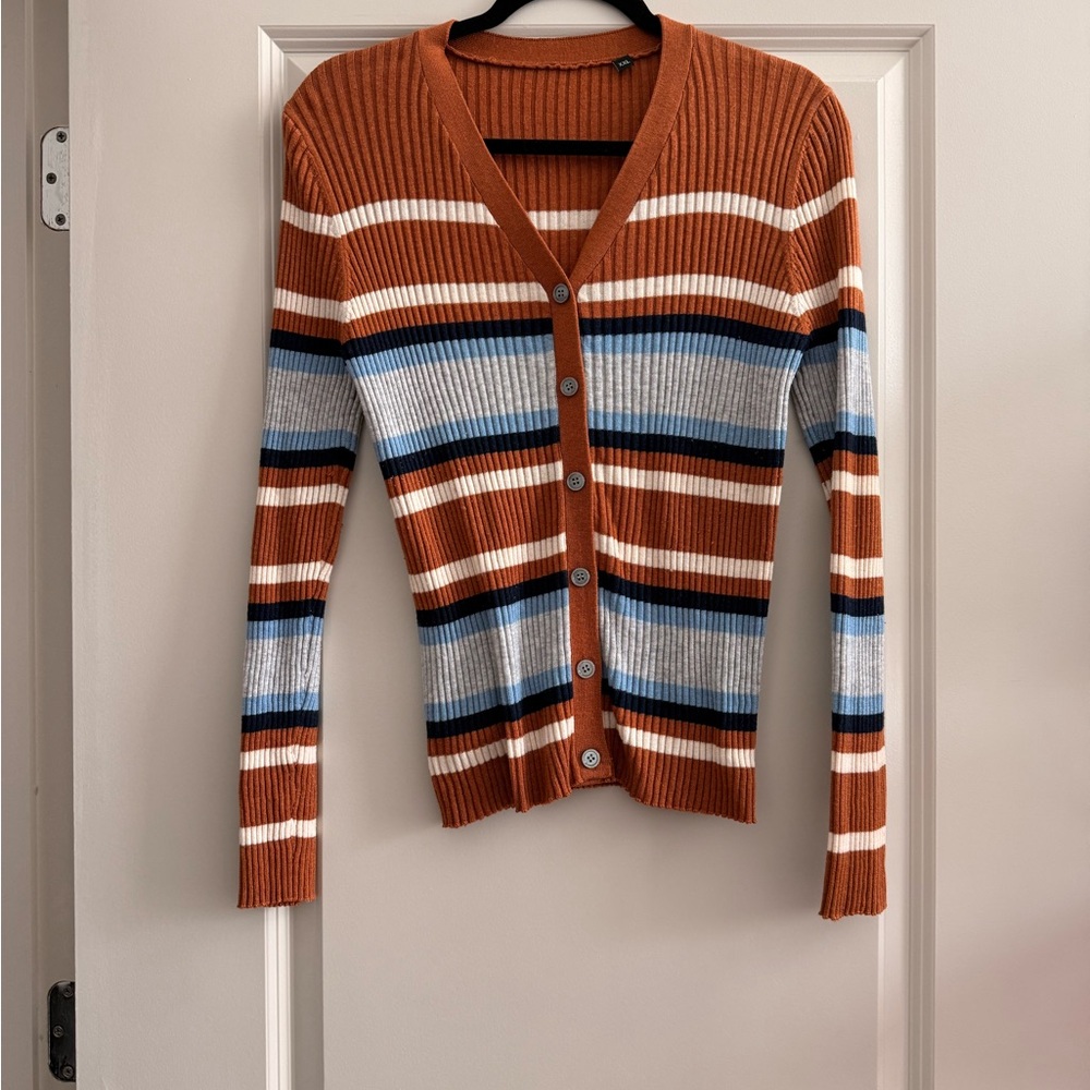 Amazon Striped V-Neck Button-Up Sweater